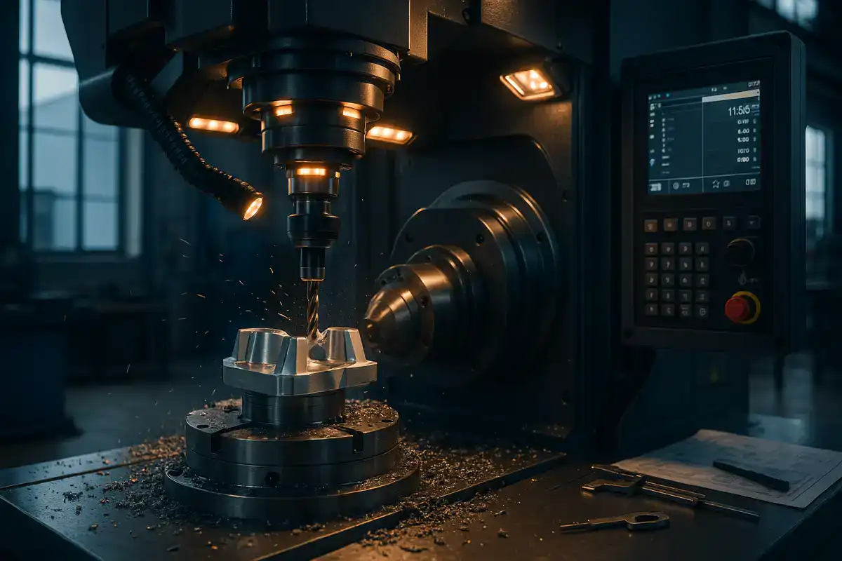 Centro di lavoro CNC a cinque assi in funzione, simbolo degli investimenti agevolati dalla Nuova Sabatini 2026 per l’innovazione tecnologica delle PMI.