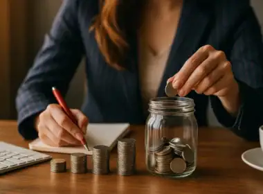 Pensione anticipata e contributi figurativi: cosa cambia davvero dopo la Cassazione 27910/2025, donna in giacca gessata che inserisce una moneta in un vaso mentre annota dati finanziari accanto a una tastiera Apple.