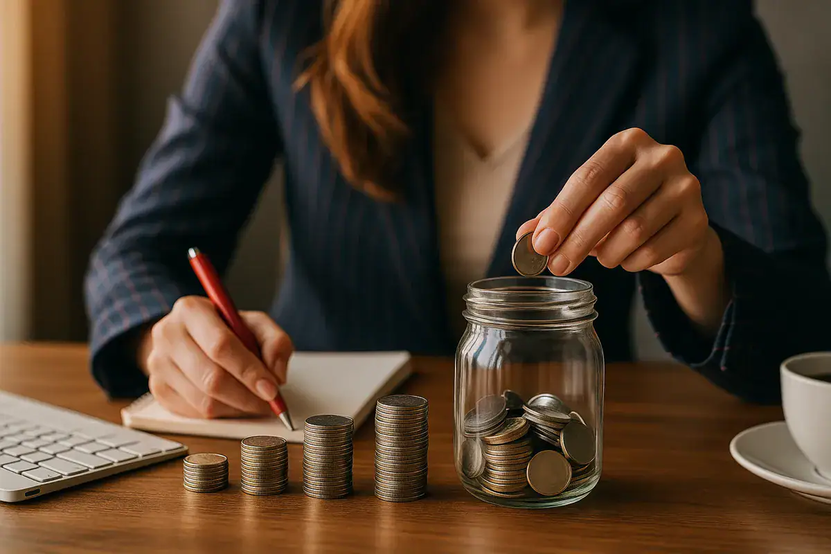 Pensione anticipata e contributi figurativi: cosa cambia davvero dopo la Cassazione 27910/2025, donna in giacca gessata che inserisce una moneta in un vaso mentre annota dati finanziari accanto a una tastiera Apple.