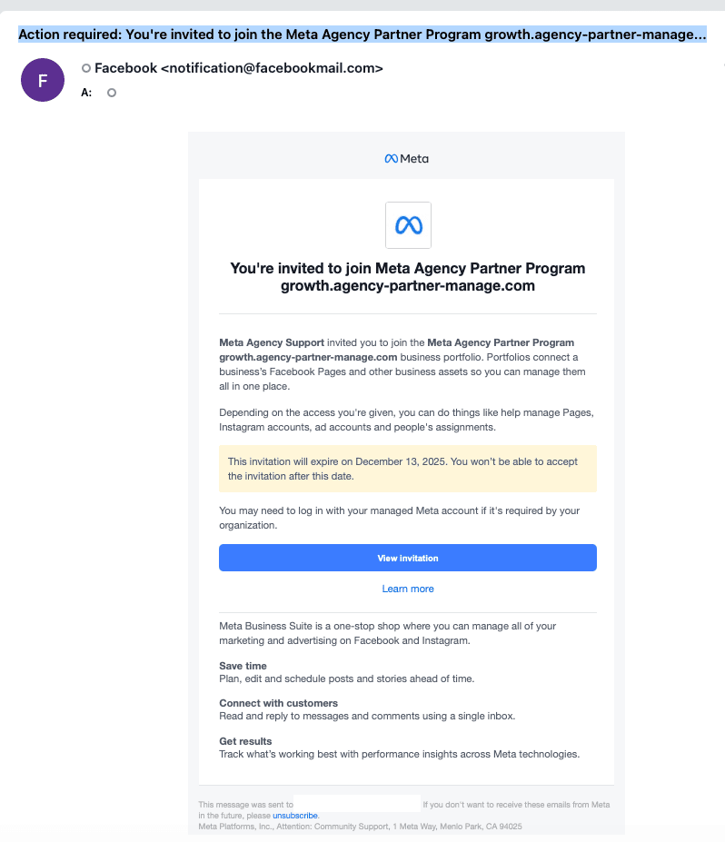 Quando il phishing non è phishing. L’inganno delle notifiche Meta perfettamente autentiche. Quando il phishing non è phishing. L’inganno delle notifiche Meta perfettamente autentiche. Gli inviti Meta ingannevoli non sono phishing tecnico ma sfruttano naming fuorviante nei Business Portfolio. L’articolo spiega come riconoscerli, quali rischi comportano e perché possono trarre in inganno freelance, PMI e agenzie.