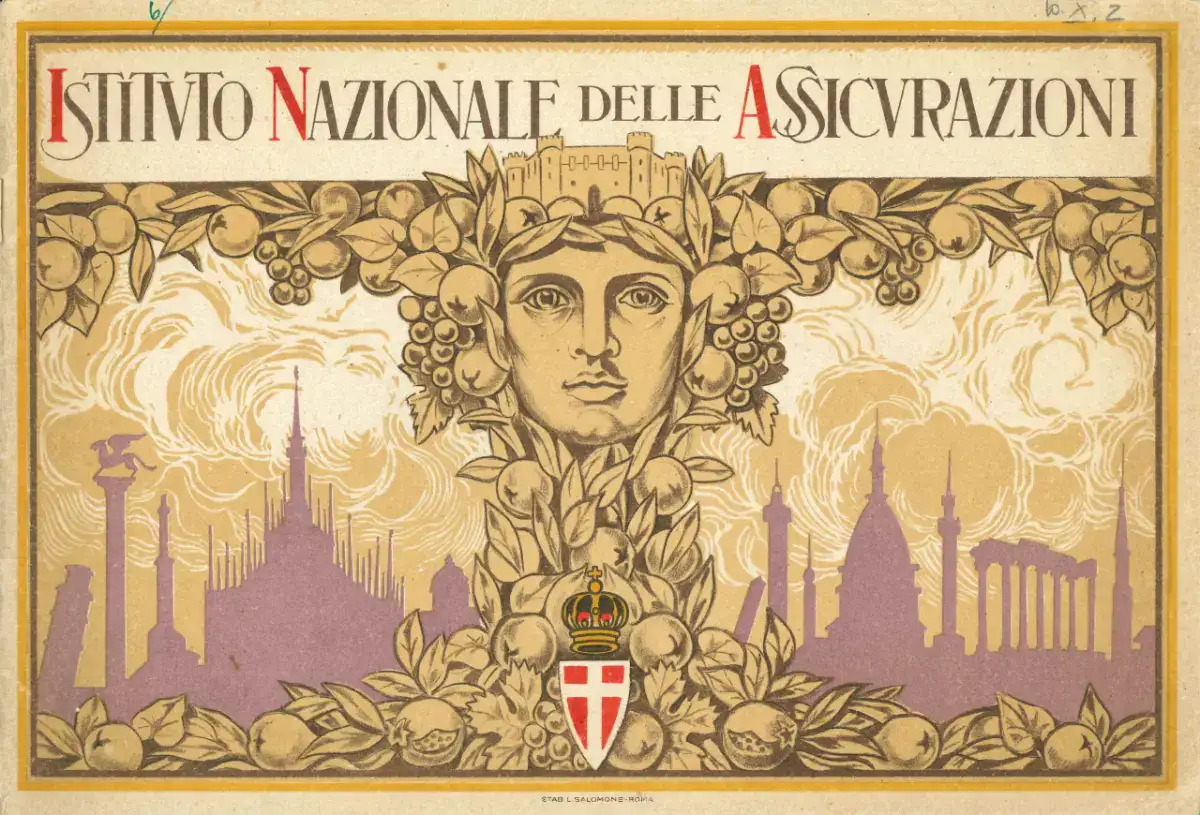 Storia delle assicurazioni. Opuscolo “Posa della prima pietra” della nuova sede della direzione generale dell’INA, copertina anteriore (Roma, 1924). storia delle assicurazioni illustrata in una locandina storica dell’Istituto Nazionale delle Assicurazioni con figura allegorica e simboli architettonici italiani