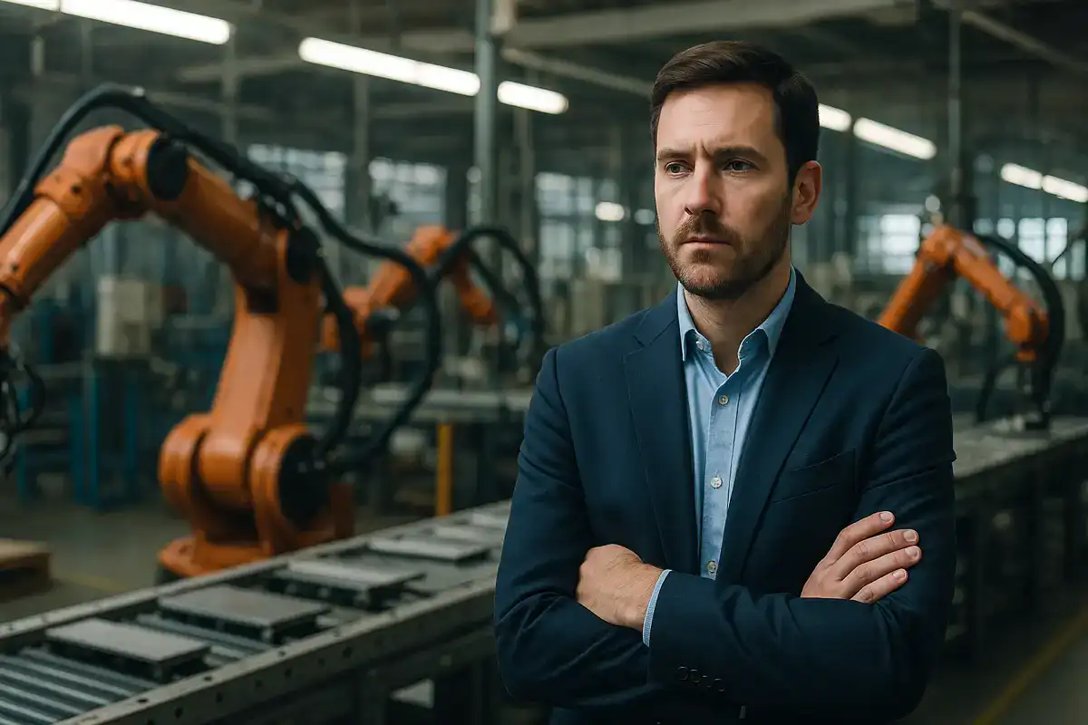Come l’automazione ridefinisce il mondo del lavoro. Automazione del lavoro in fabbrica moderna con manager e robot industriali.