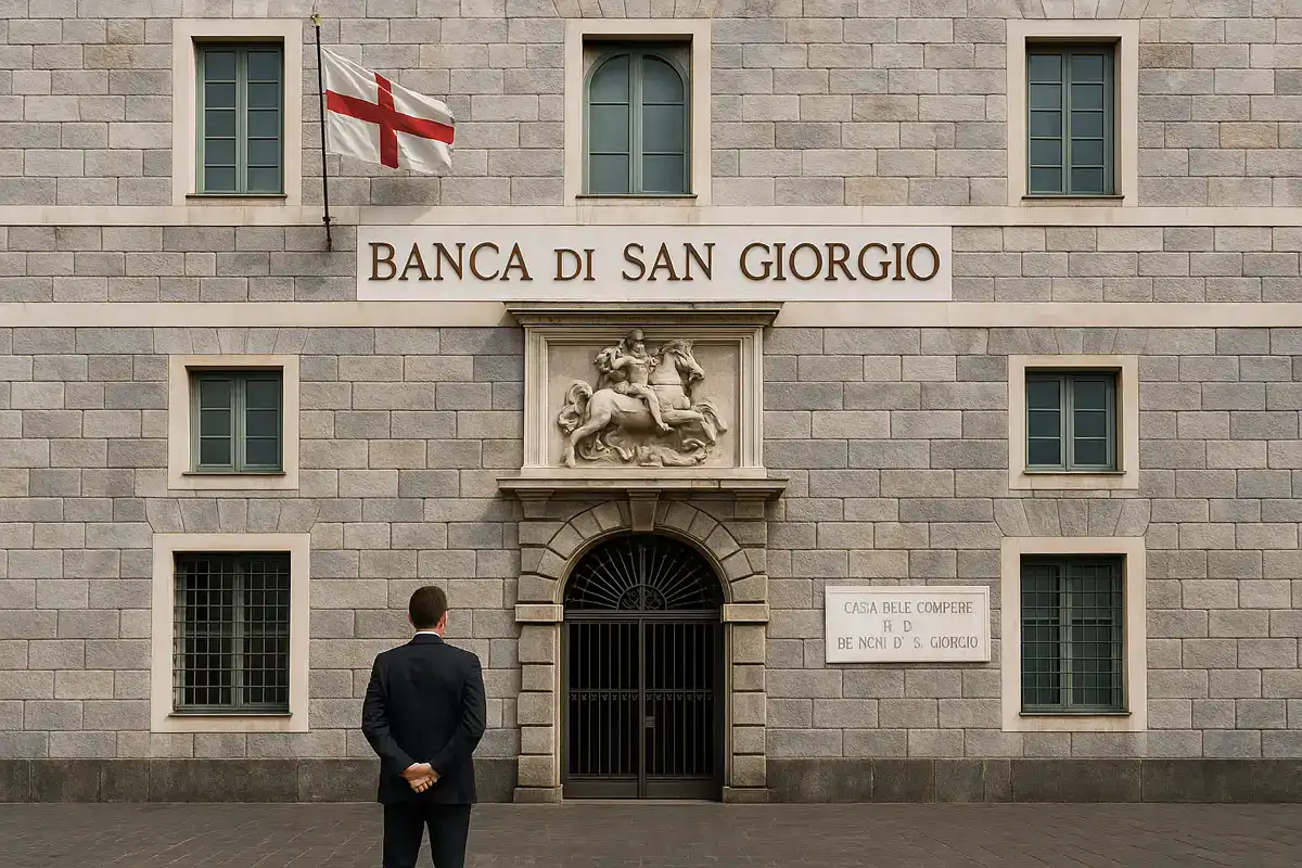 Il Banco di San Giorgio a Genova: primo esempio di istituzione finanziaria pubblica indipendente. Banco di San Giorgio: facciata rinascimentale del palazzo storico a Genova con bandiera crociata di San Giorgio