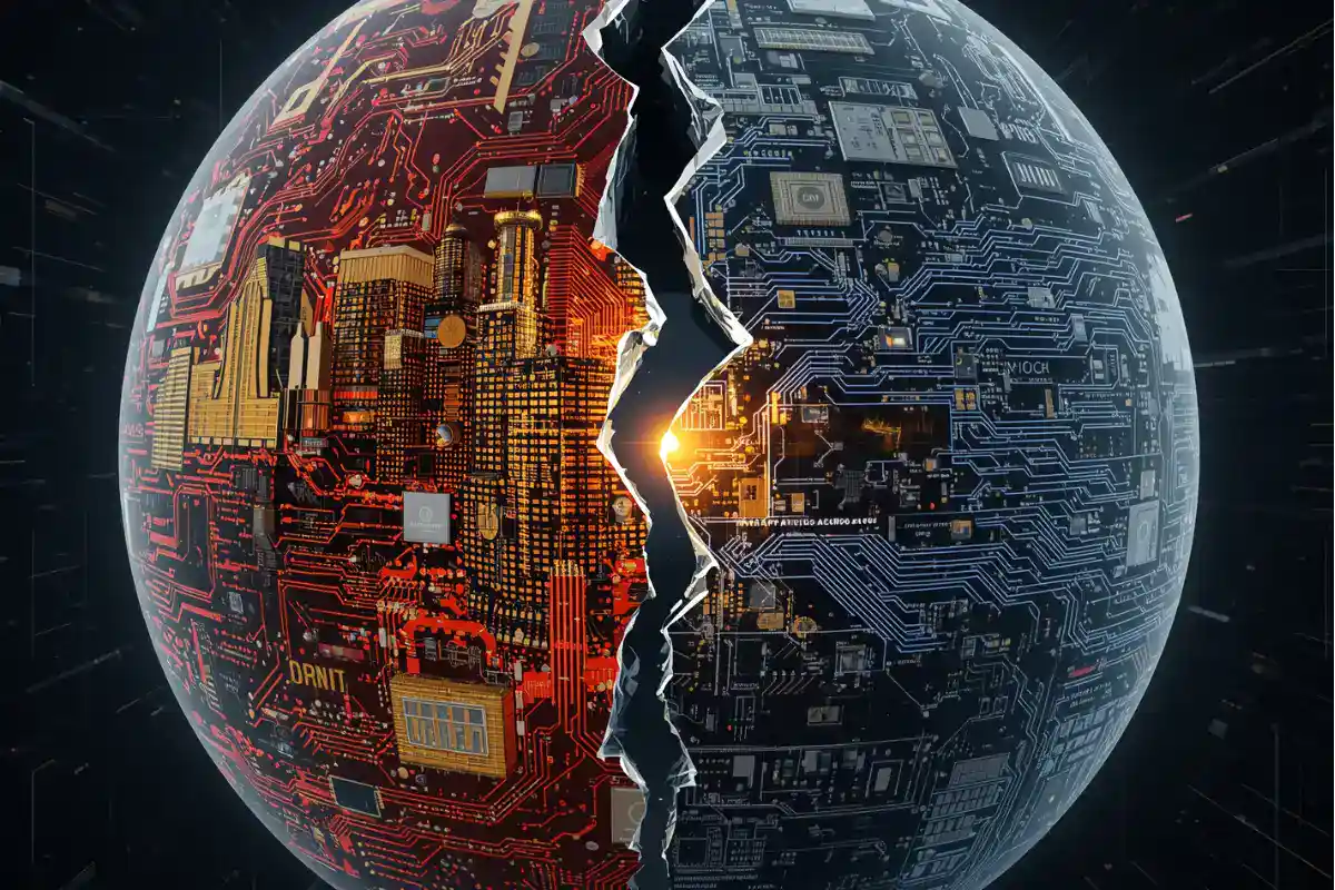 Cina divisa in due blocchi tecnologici rappresentati da un pianeta spaccato tra circuiti rossi e blu
