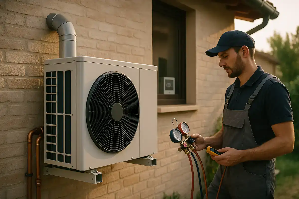 Tecnico che controlla una pompa di calore installata su un’abitazione moderna, simbolo degli interventi incentivati dal Conto Termico 3.0.