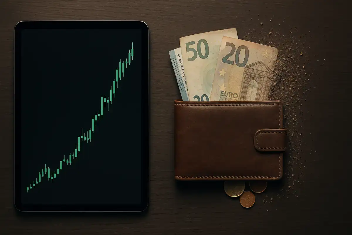 Il costo della prudenza: come gli italiani hanno perso il 7% della ricchezza reale in vent'anni. Il costo della prudenza: portafoglio in pelle con banconote in euro che si dissolvono accanto a un tablet con grafico finanziario in crescita.
