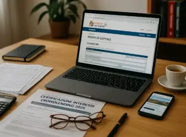 Crowdlending e tasse: come si dichiarano i rendimenti nel 2026. crowdlending e tasse: scrivania domestica con laptop aperto sul portale dell’Agenzia delle Entrate, documenti fiscali e modulo “Certificazione Interessi Crowdlending 2025”