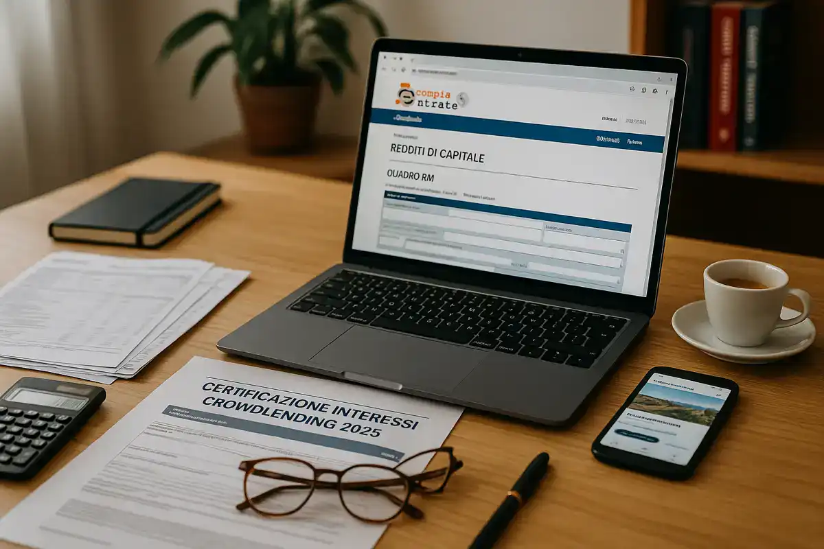 crowdlending e tasse: scrivania domestica con laptop aperto sul portale dell’Agenzia delle Entrate, documenti fiscali e modulo “Certificazione Interessi Crowdlending 2025”