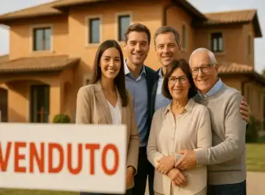 Donazioni immobiliari, famiglia italiana davanti a villa venduta con tre generazioni sorridenti