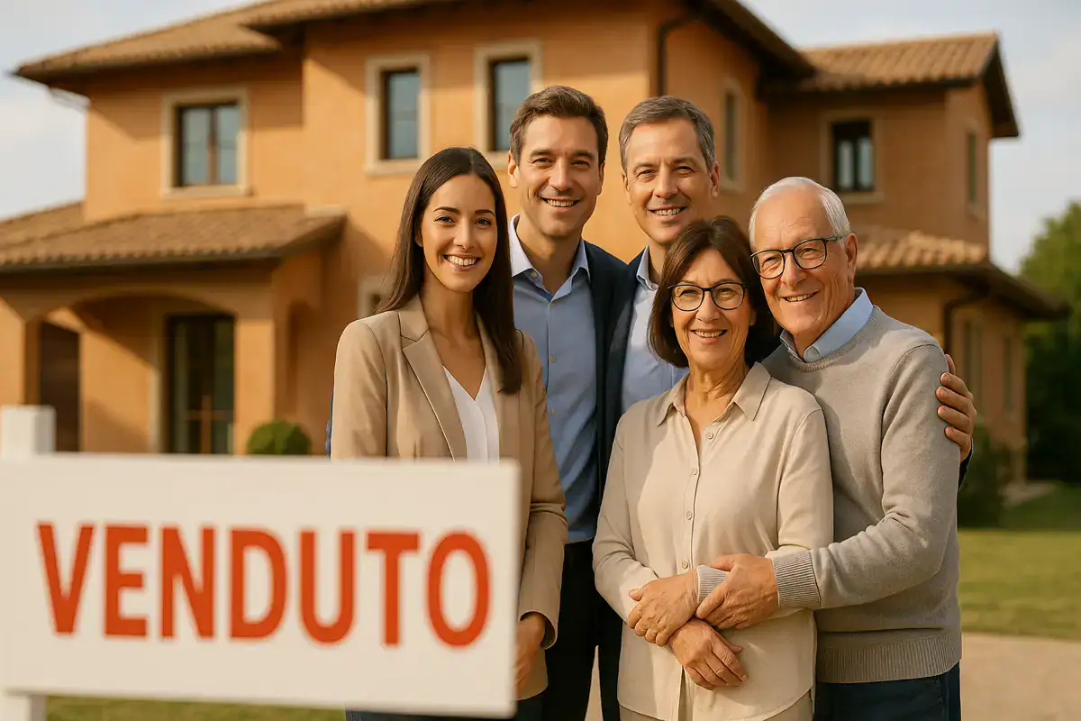 Donazioni immobiliari: fine dell'incubo per chi acquista una casa donata. Donazioni immobiliari, famiglia italiana davanti a villa venduta con tre generazioni sorridenti