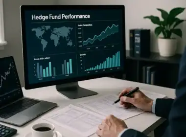 Hedge fund: analisi finanziaria su monitor con grafici e dati di performance in un ufficio moderno.
