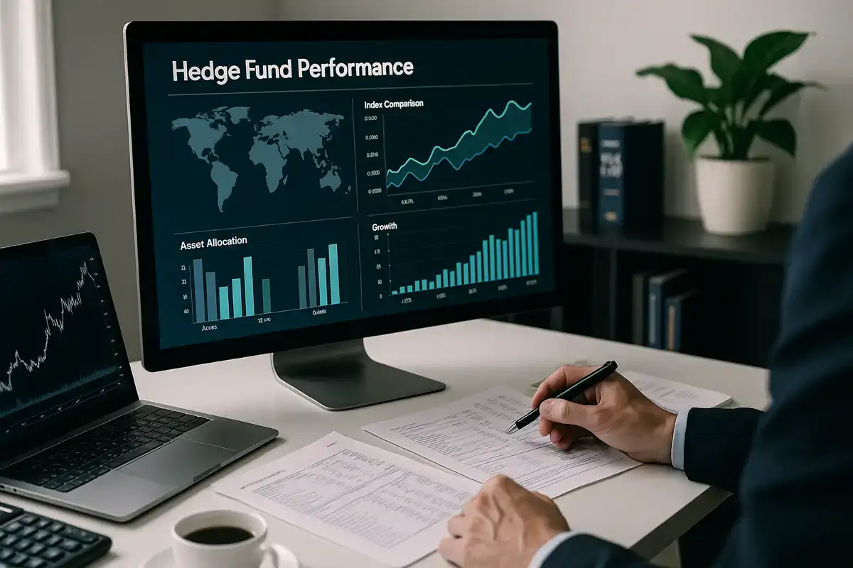Gli hedge fund: come funzionano e perché restano centrali nella finanza globale. Hedge fund: analisi finanziaria su monitor con grafici e dati di performance in un ufficio moderno.