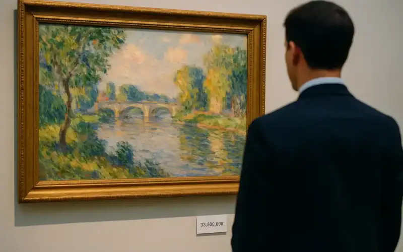 Impressionismo: collezionista osserva un dipinto impressionista in una galleria d’arte contemporanea di alto livello.