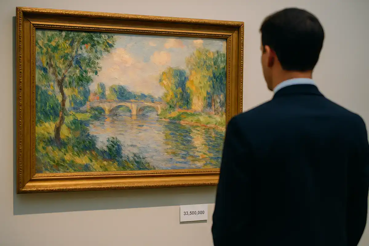Impressionismo: collezionista osserva un dipinto impressionista in una galleria d’arte contemporanea di alto livello.