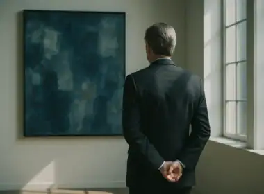 investire in arte, collezionista elegante osserva un grande dipinto astratto in una galleria luminosa