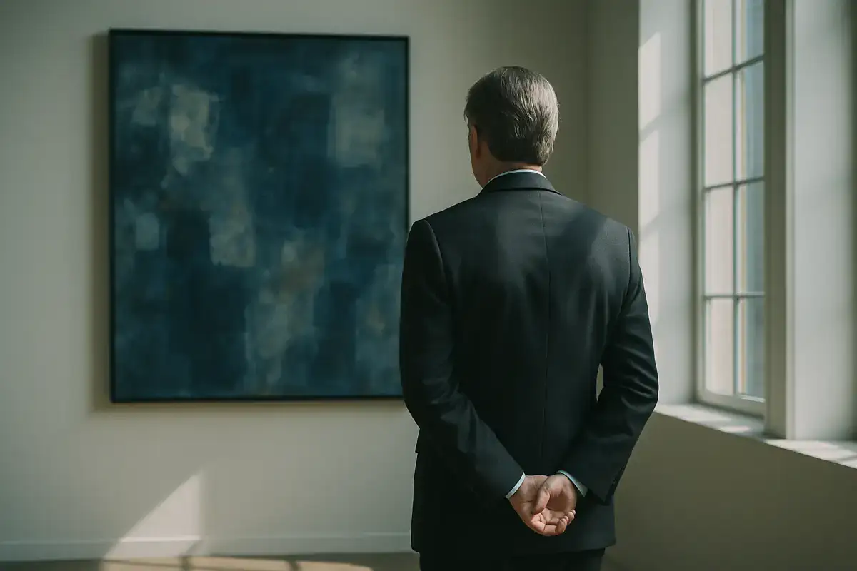 Il portafoglio emozionale: come l'arte entra nei bilanci senza passare dai conti. investire in arte, collezionista elegante osserva un grande dipinto astratto in una galleria luminosa