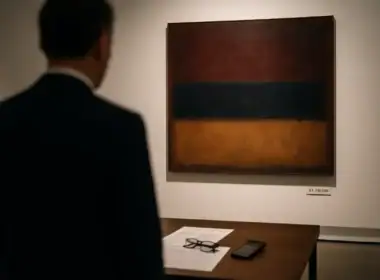 investire in arte: collezionista osserva un grande dipinto astratto in una galleria contemporanea con etichetta di prezzo a sette cifre,