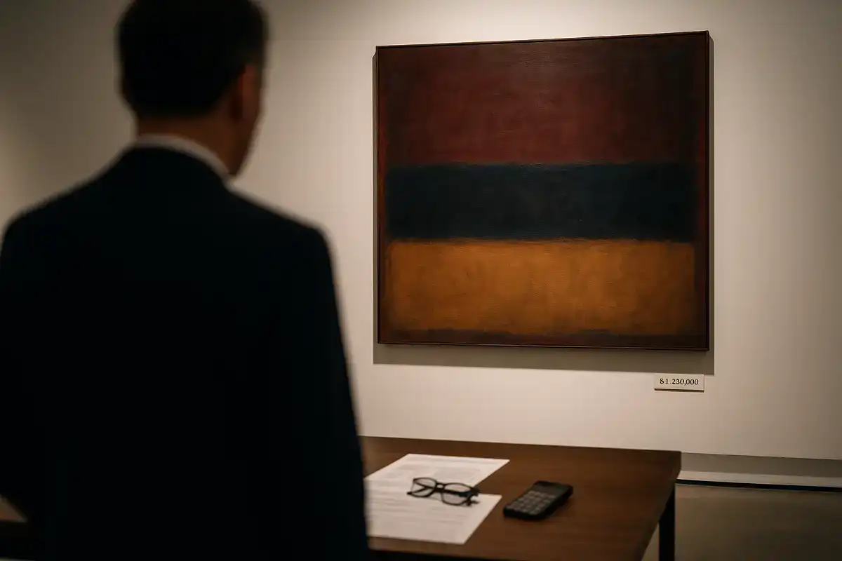 investire in arte: collezionista osserva un grande dipinto astratto in una galleria contemporanea con etichetta di prezzo a sette cifre,