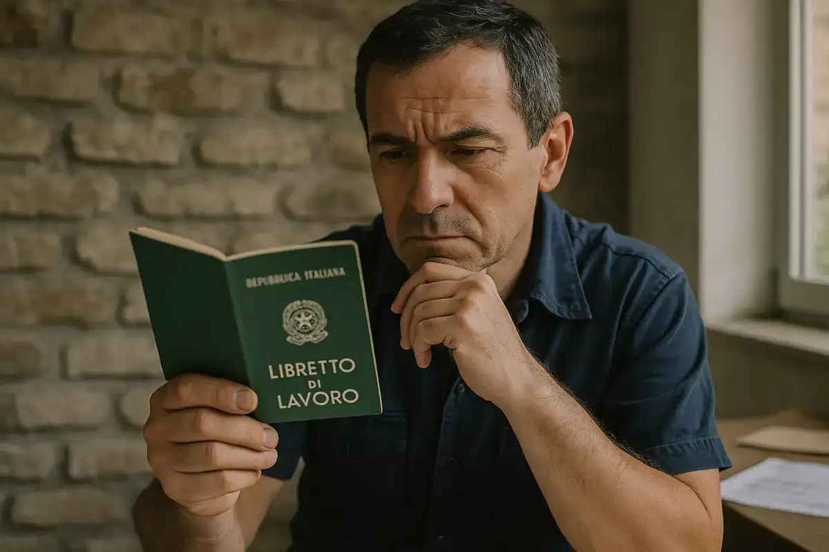 Uomo maturo che osserva con attenzione il libretto di lavoro italiano, simbolo del tema lavoro in nero e pensione.