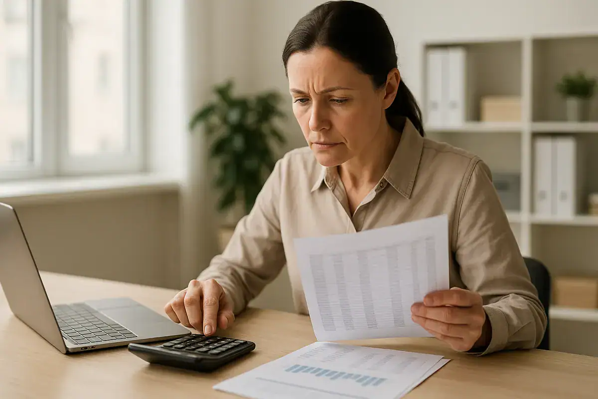 lavoro stagionale e contributi: lavoratrice che controlla documenti e calcoli previdenziali alla scrivania