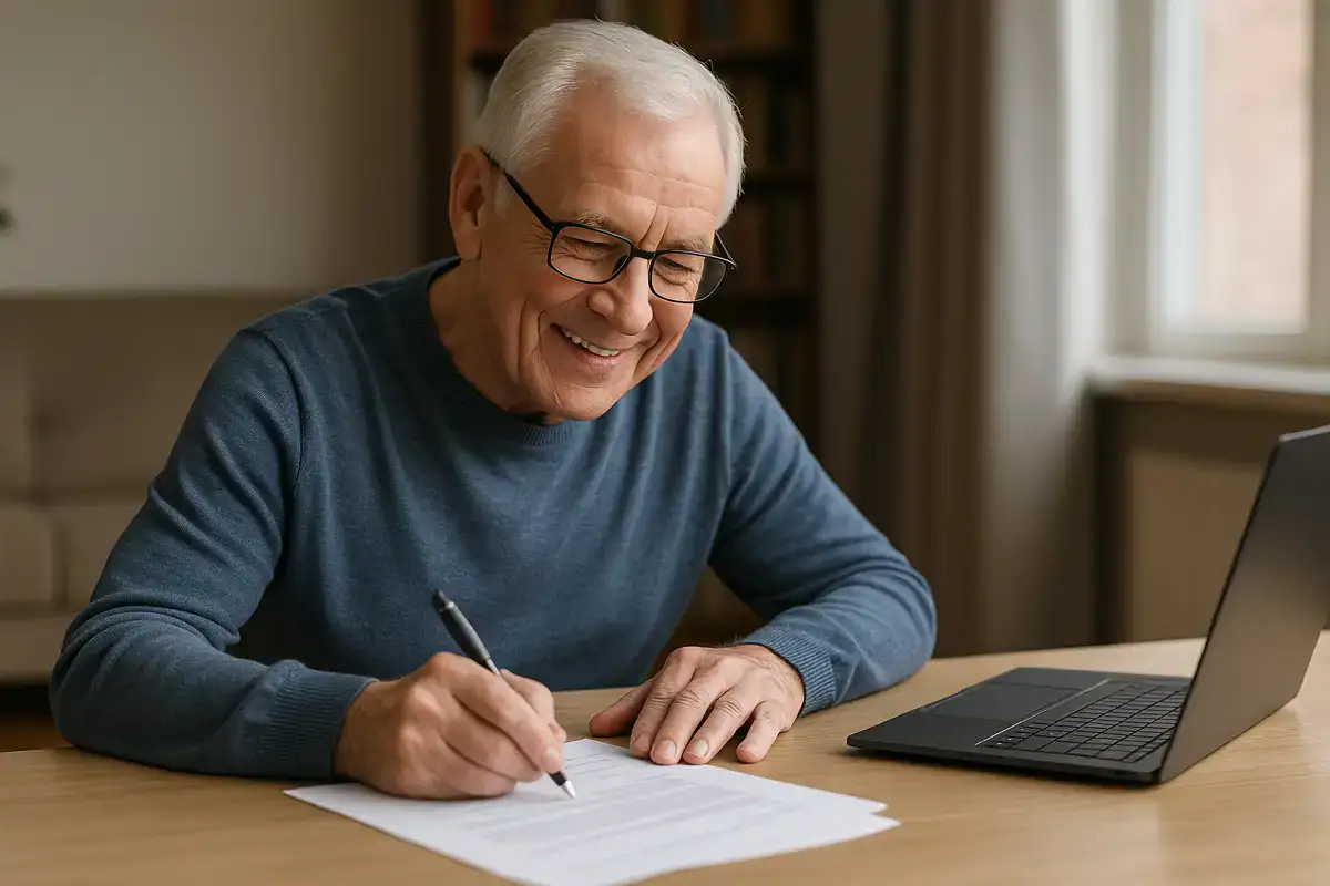 Pensione supplementare: pensionato che compila documenti al computer.