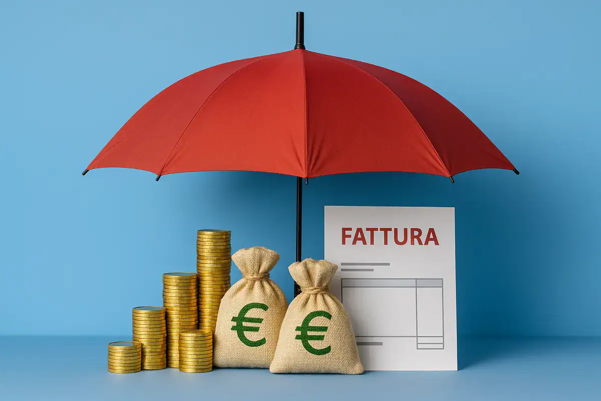 Polizze credito: come proteggere i crediti commerciali in tempi di incertezza. Polizza credito commerciale con ombrello rosso che protegge monete, sacchi di euro e una fattura.