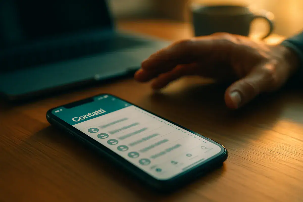 La rubrica del telefono è il nuovo oro: come proteggere i tuoi contatti dagli attacchi informatici. Protezione rubrica telefonica su smartphone appoggiato su una scrivania mentre una mano si avvicina al dispositivo.