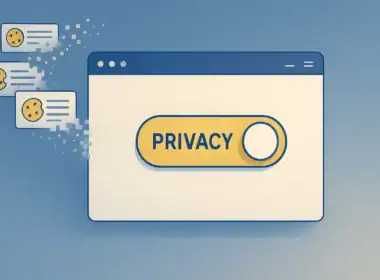 riforma cookie UE schermata browser con interruttore privacy e pop-up dei cookie che si dissolvono