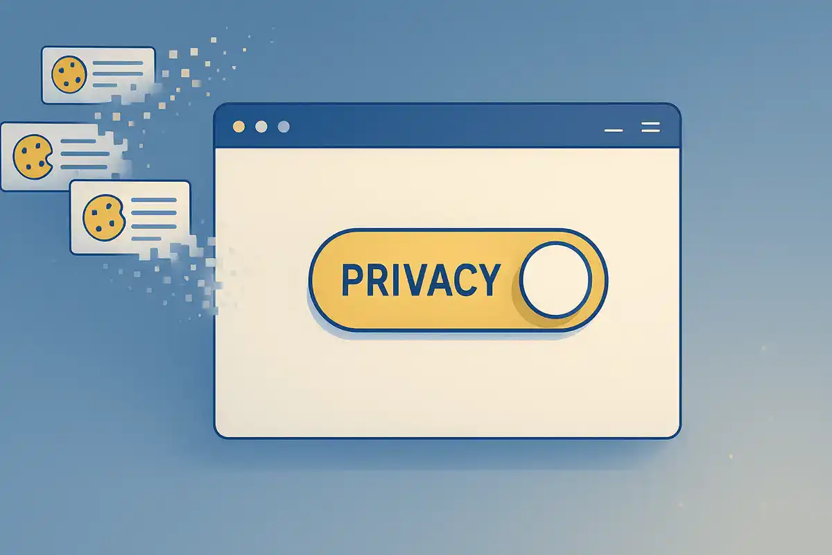 riforma cookie UE schermata browser con interruttore privacy e pop-up dei cookie che si dissolvono