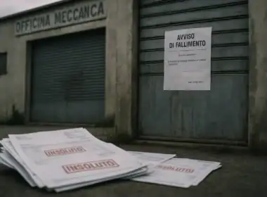 Crowdlending: quanti prestiti vanno in default davvero?. rischi del crowdlending: chiusura di una piccola officina meccanica con avviso di fallimento affisso sulla porta e documenti insoluti in primo piano.