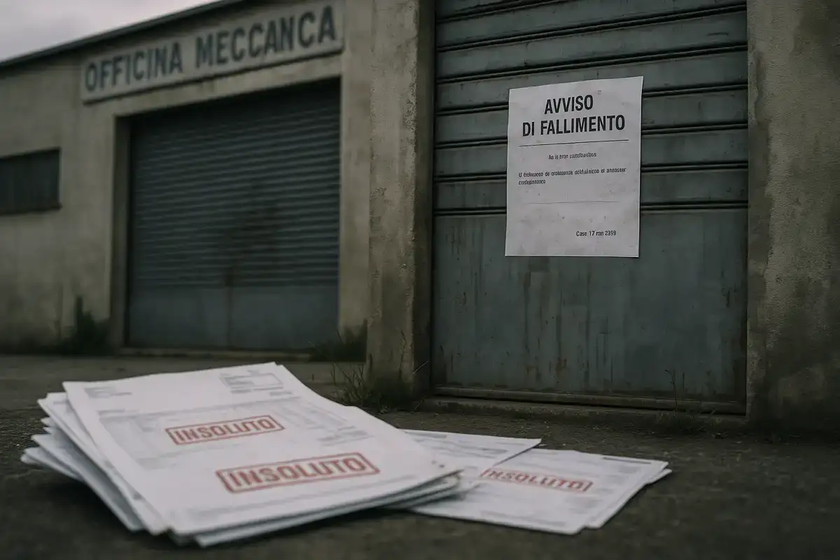 rischi del crowdlending: chiusura di una piccola officina meccanica con avviso di fallimento affisso sulla porta e documenti insoluti in primo piano.