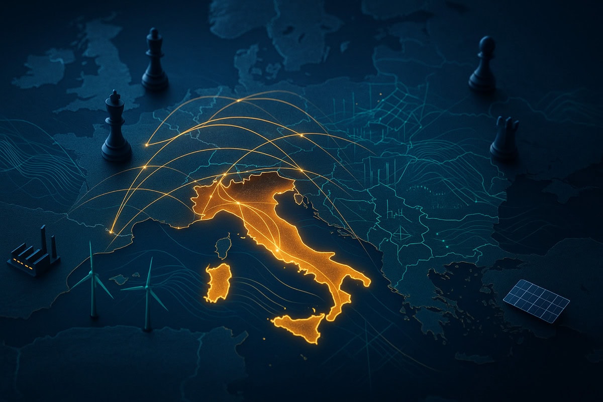 Europa 2026-2035: guida strategica per imprenditori italiani nel nuovo rischio geopolitico. Rischio geopolitico mappa strategica dell’Europa con l’Italia evidenziata in oro e linee di connessione mediterranee.