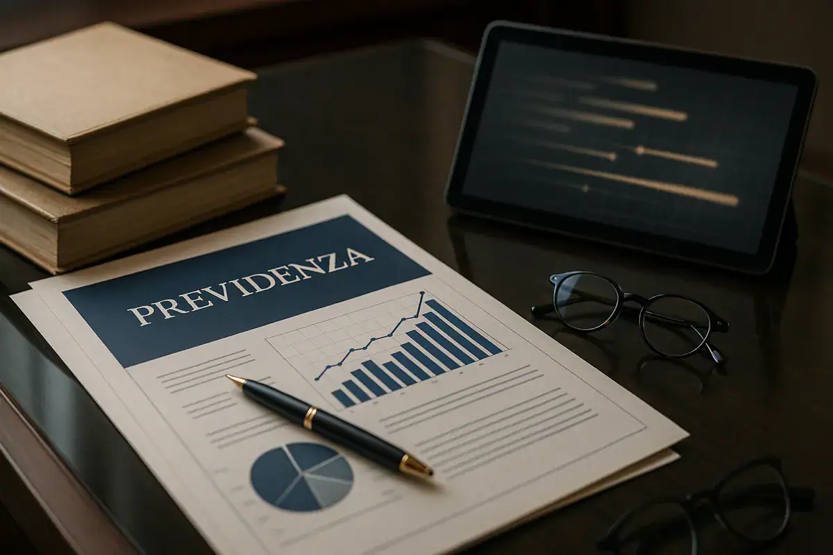 Analisi previdenziale casi complessi: documenti finanziari e tablet su scrivania elegante in studio professionale.