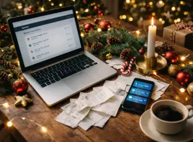 Decisioni finanziarie a Natale su un tavolo in legno con laptop aperto su app bancaria, smartphone con notifiche di pagamento, scontrini sparsi e decorazioni natalizie illuminate da luce calda.