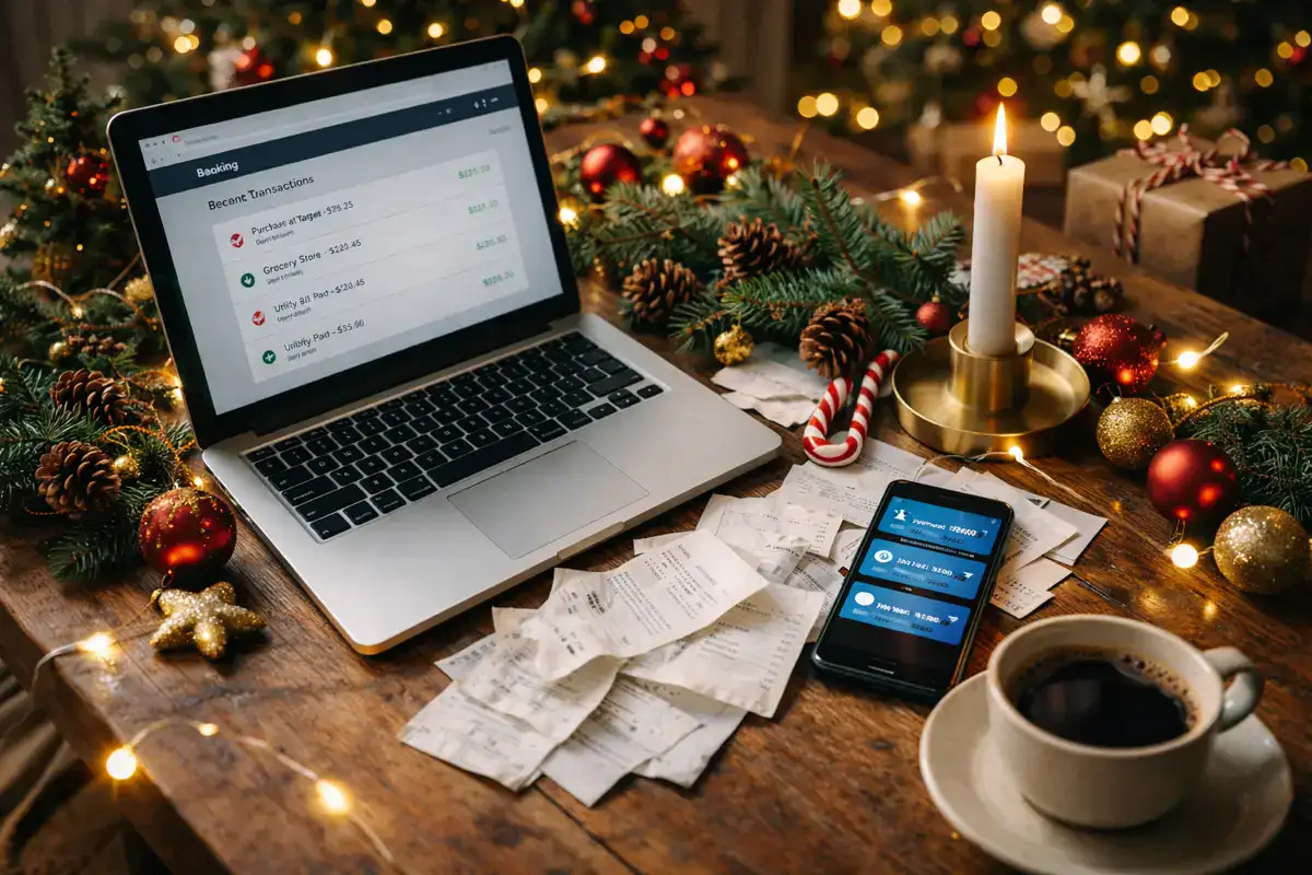 Decisioni finanziarie a Natale su un tavolo in legno con laptop aperto su app bancaria, smartphone con notifiche di pagamento, scontrini sparsi e decorazioni natalizie illuminate da luce calda.