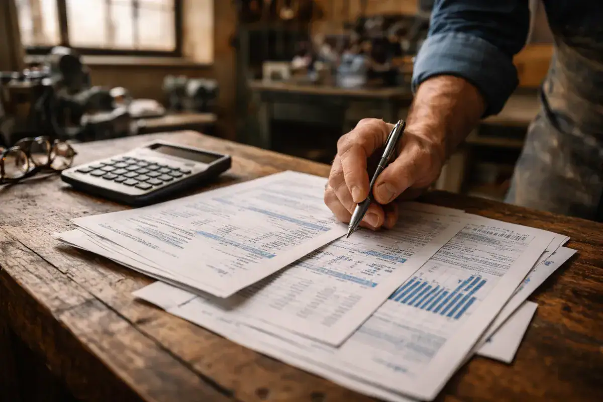Economia reale 2025 con documenti finanziari e moduli fiscali su scrivania di laboratorio artigianale, mano segnata dal lavoro che annota calcoli accanto a una calcolatrice.