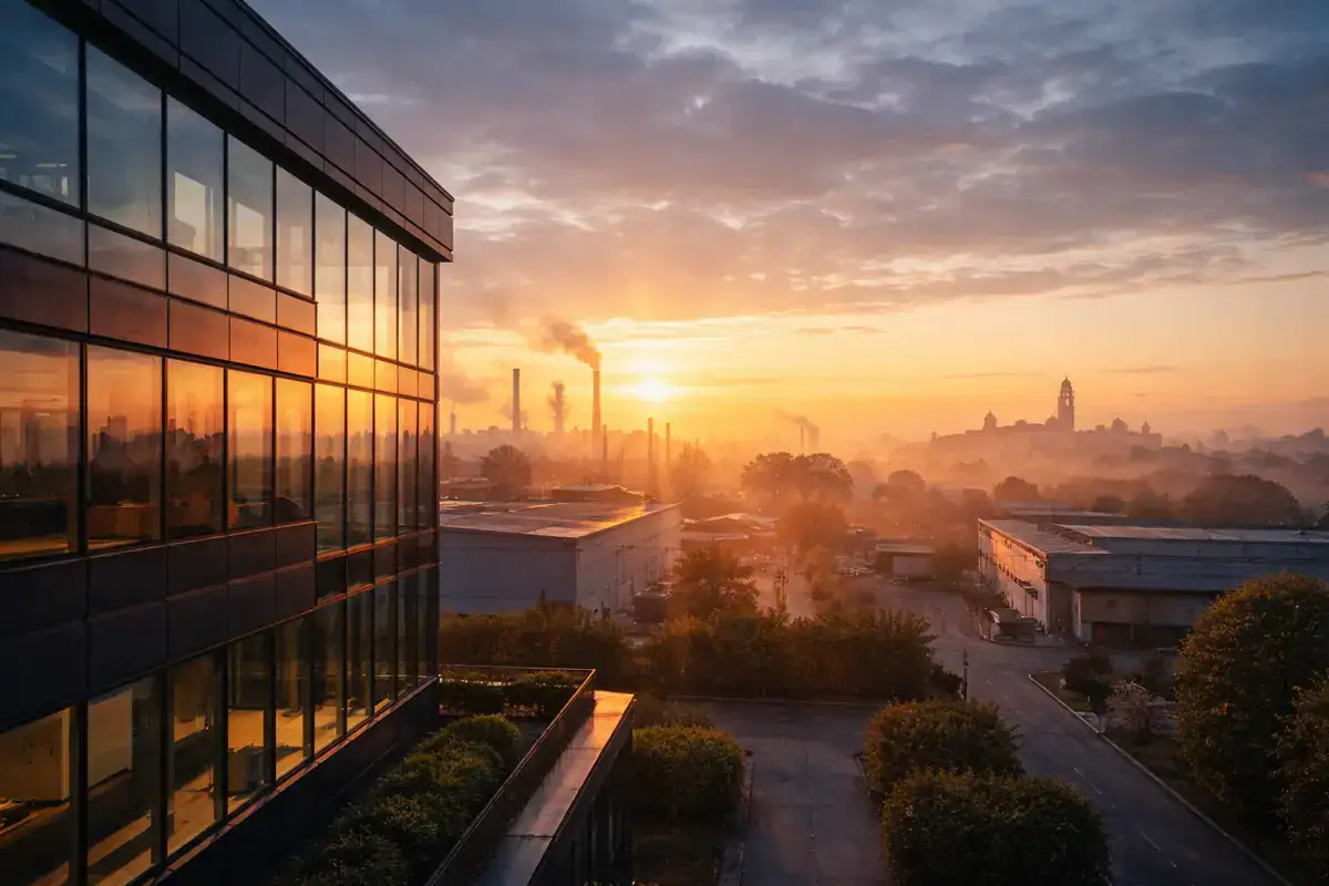 Previsioni economiche 2026; distretto industriale italiano all’alba con edificio direzionale moderno in vetro e acciaio, fabbriche sullo sfondo e luce dorata del sole nascente.