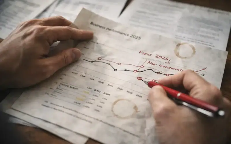 Rilancio aziendale a gennaio illustrato da mani di un imprenditore che analizzano un grafico di performance 2025 annotando miglioramenti strategici per il 2026 con penna rossa.