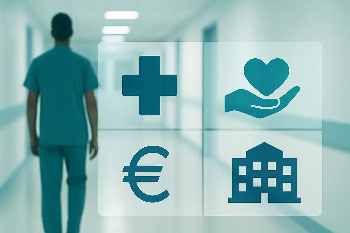 Sanità: operatore di spalle in corridoio ospedaliero con icone di cura, euro e struttura sanitaria sovrapposte.