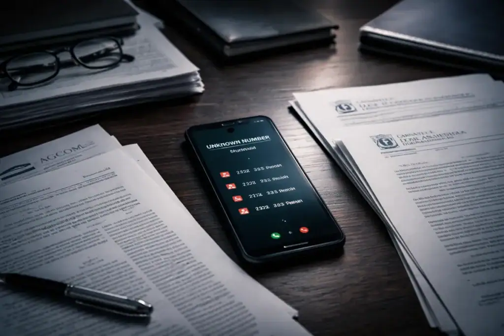 Più regole mettono, più spam ti arriva. Spam telefonico mostrato da uno smartphone aziendale con chiamate sconosciute su una scrivania istituzionale, circondato da documenti normativi di autorità italiane.