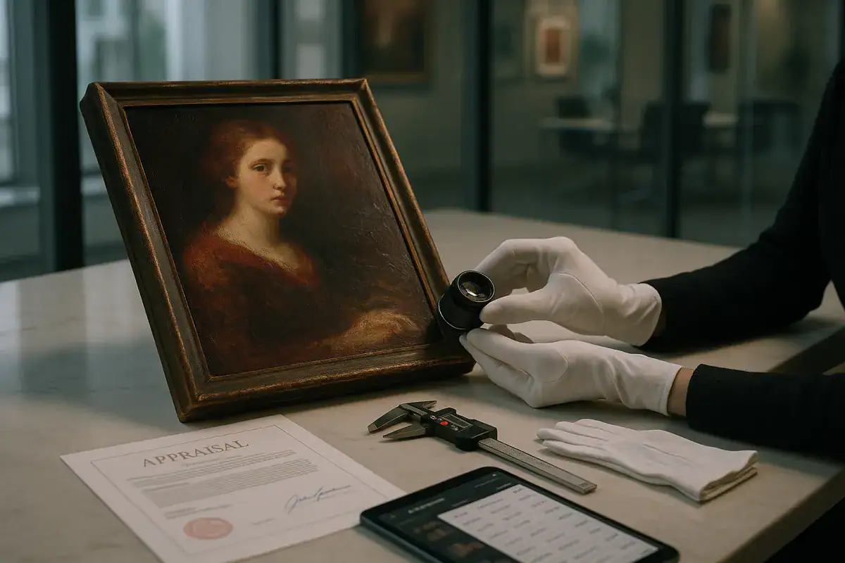 L'arte di non fidarsi. Art lending laboratorio di autenticazione con esperto che analizza un dipinto a olio antico tramite lente d’ingrandimento su tavolo di esame professionale.