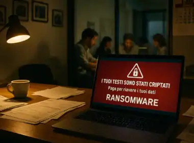 assicurazione cyber: imprenditore PMI davanti a computer con alert ransomware in ufficio italiano.