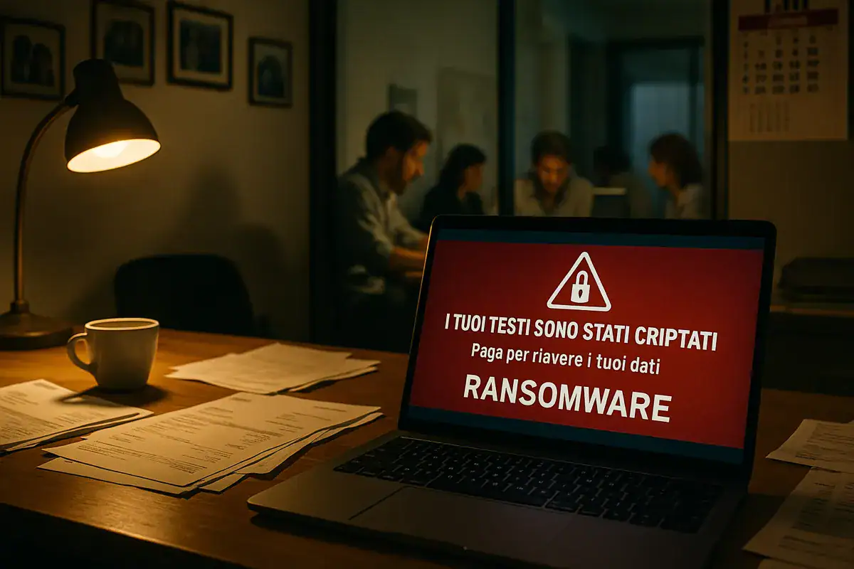assicurazione cyber: imprenditore PMI davanti a computer con alert ransomware in ufficio italiano.
