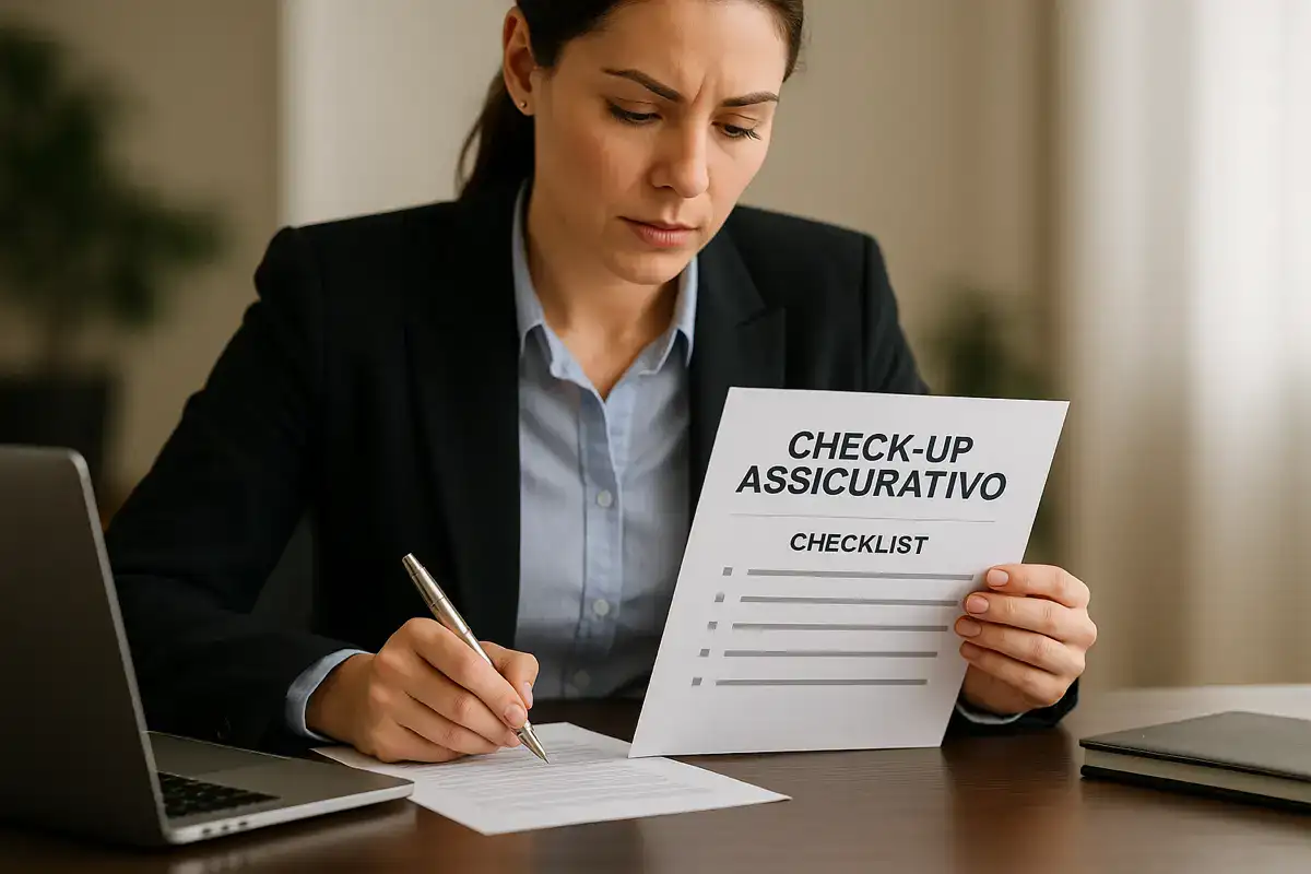 check-up assicurativo aziendale, professionista che esamina una checklist assicurativa alla scrivania