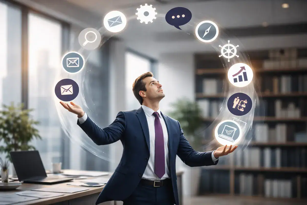 2026: meno slogan, più competenza. Ecco cosa cambia per imprese e professionisti. Competenza professionale rappresentata da un manager in abito elegante che coordina strumenti digitali e icone di business in un ambiente d’ufficio moderno.