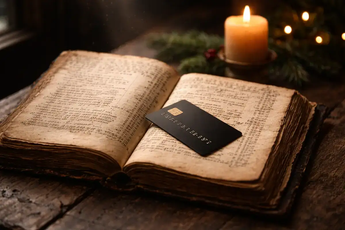 Il credito sotto l'albero: quando il dono si fece debito. Credito natalizio: libro contabile del Quattrocento aperto su tavolo in legno con una carta di credito moderna appoggiata sopra, illuminazione a candela e atmosfera storica.