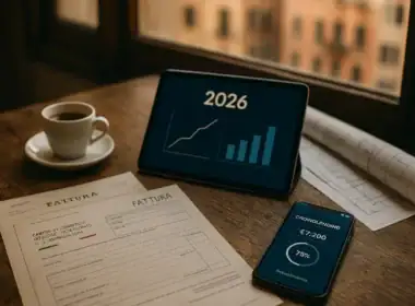 crowdlending Italia 2026 desk di un imprenditore italiano con tablet finanziario, documenti fiscali, espresso e smartphone con piattaforma di crowdlending.