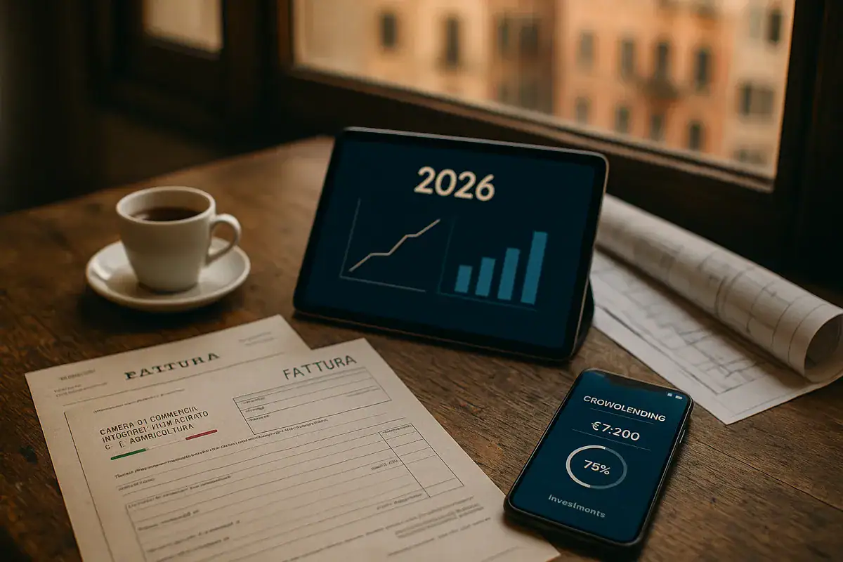 crowdlending Italia 2026 desk di un imprenditore italiano con tablet finanziario, documenti fiscali, espresso e smartphone con piattaforma di crowdlending.