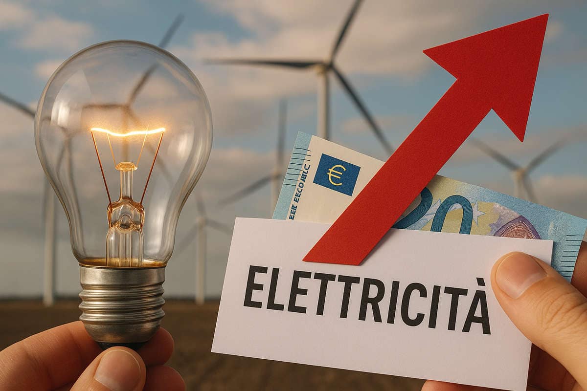 Lampadina accesa, banconote in euro e freccia rossa verso l’alto davanti a pale eoliche, simbolo del paradosso energetico.