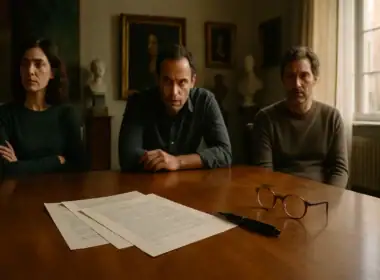 eredità opere d’arte: riunione familiare tesa attorno a un tavolo con documenti legali e opere d’arte sullo sfondo.